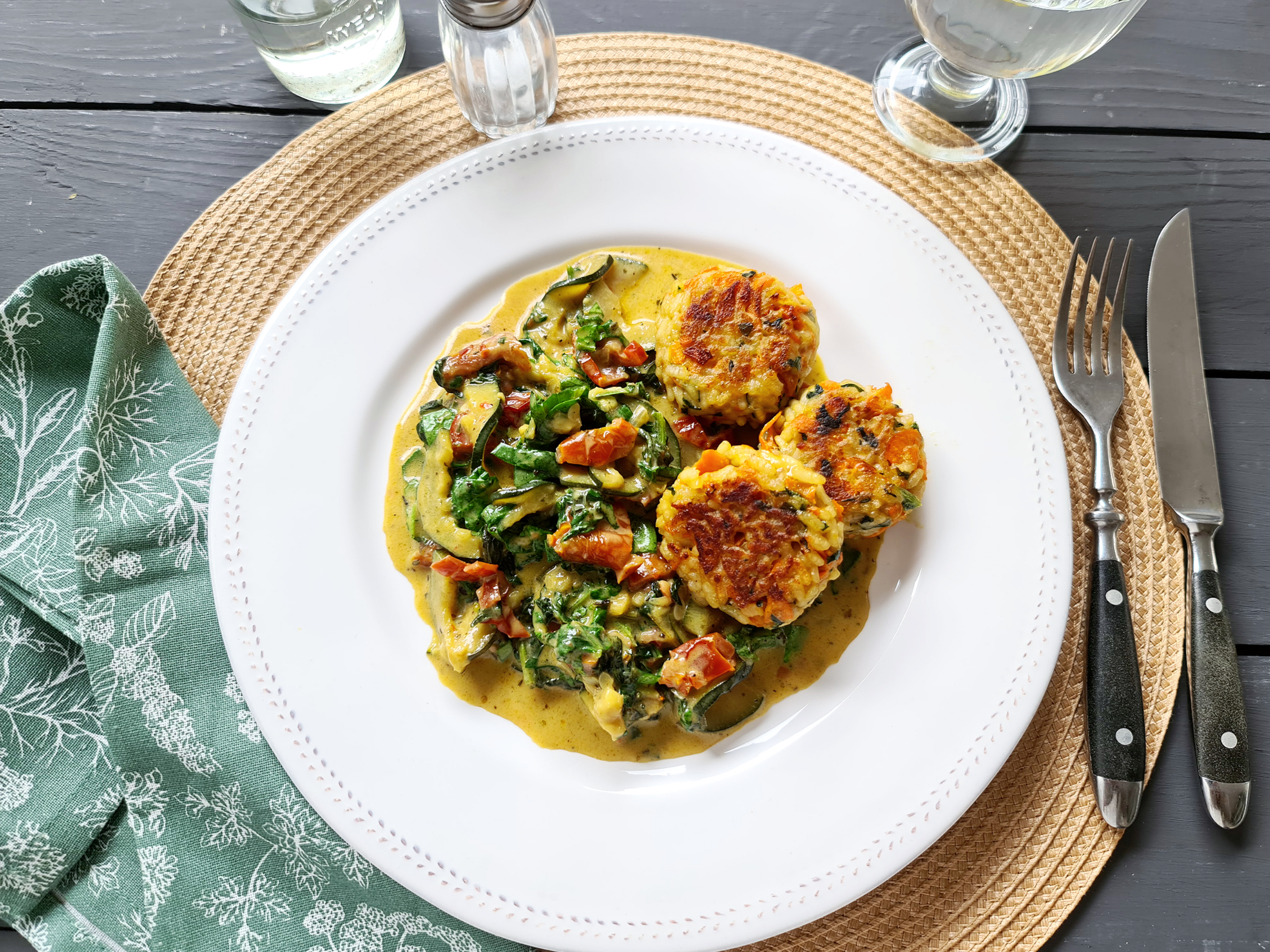 Herzhafte Möhren-Reis-Frikadellen mit Zucchini-Rahmgemüse & Spinat