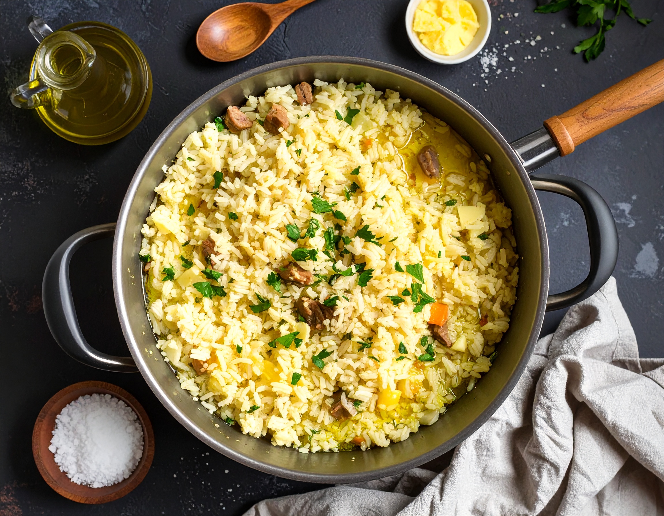Firefly_Pilav-Reis anschwitzen_Butter & Olivenöl im Topf erhitzen, Reis-Nudel-Mischung 3–4 Mi 378915