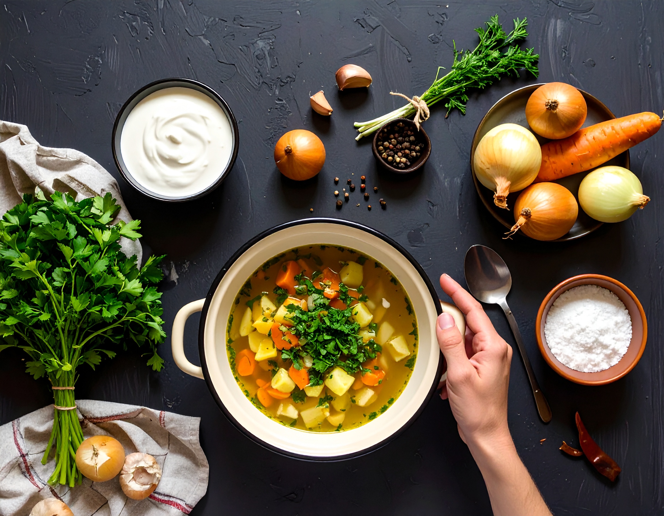 Firefly_von oben und hintergrund ein dunkleres tisch Basis kochen_200 ml Wasser zugeben, Gemü 114895