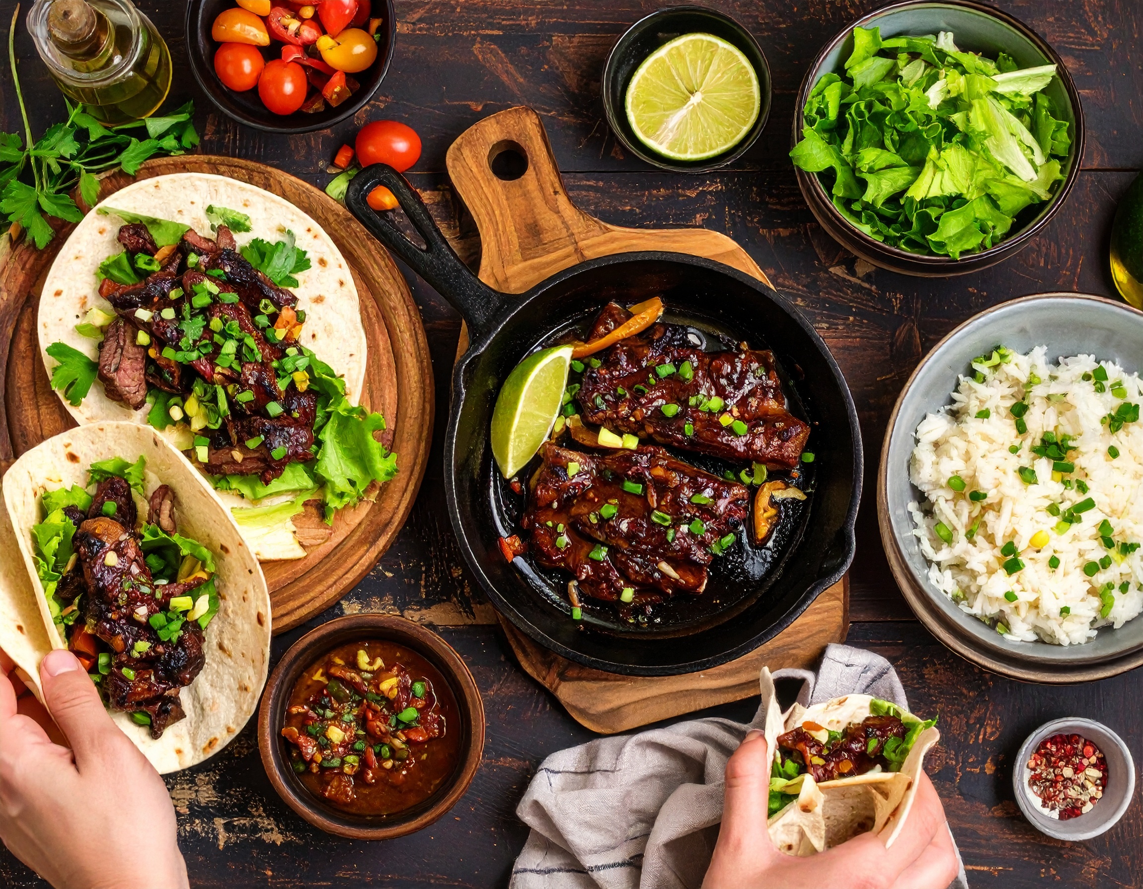 Firefly_von oben und hintergrund ein dunkleres tisch Fleisch braten_Mariniertes Steak mit der 489645