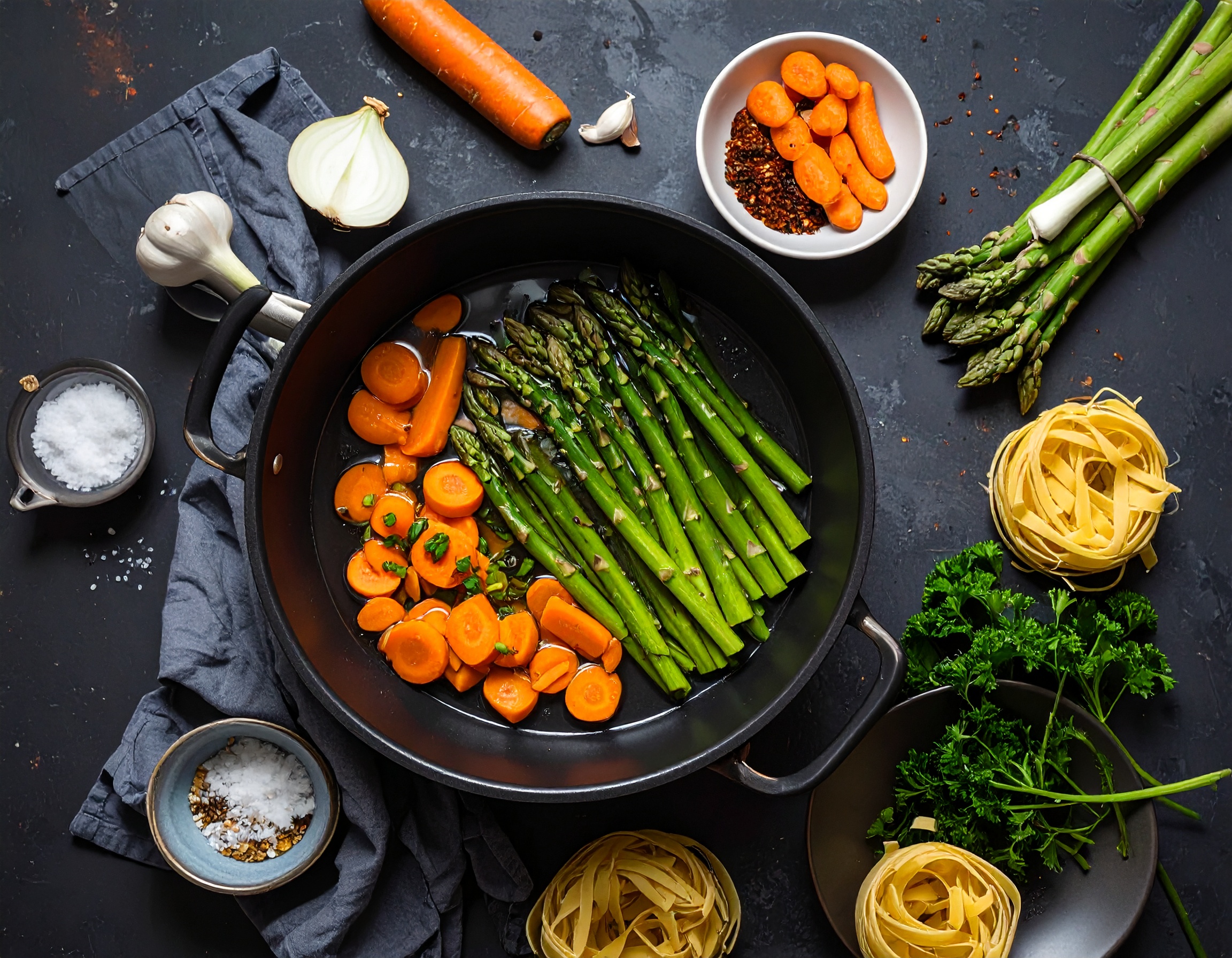 Firefly_von oben und hintergrund ein dunkleres tisch Gemüse garen_Nach halber Kochzeit Sparge 669927