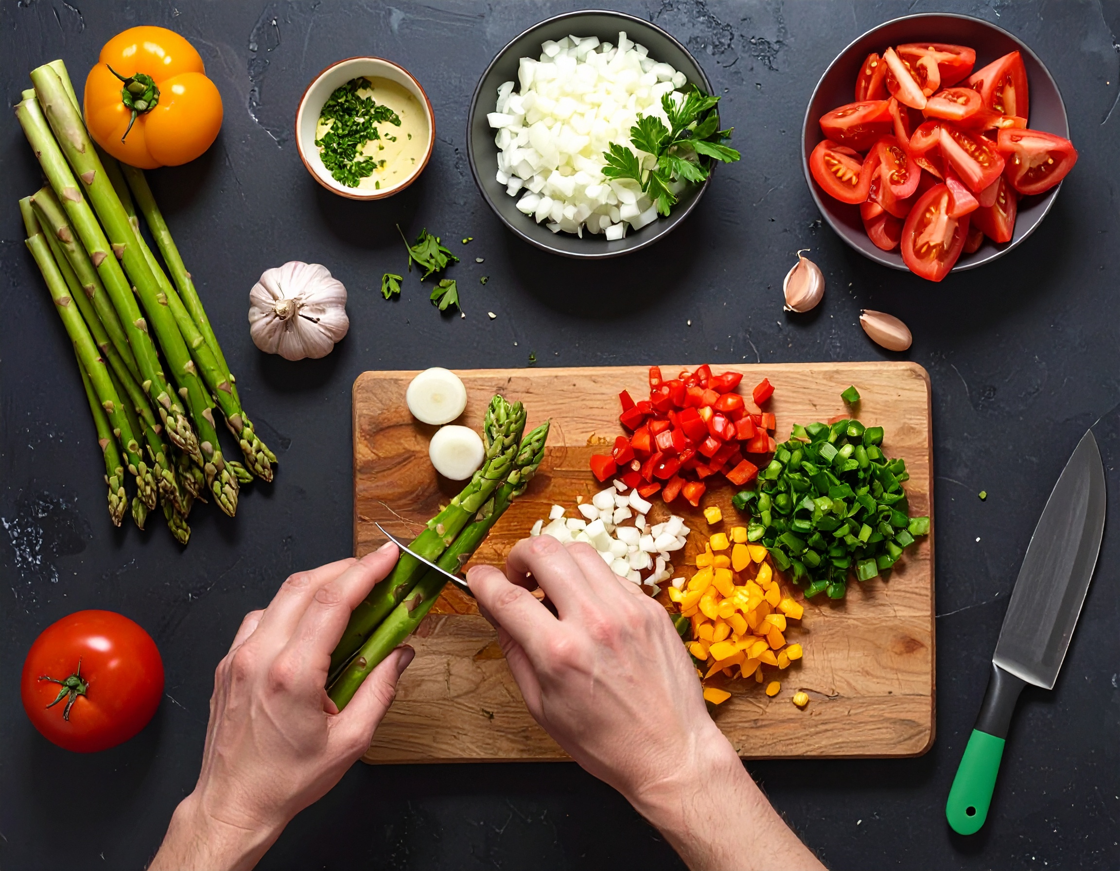 Firefly_von oben und hintergrund ein dunkleres tisch Gemüse vorbereiten_Spargel (unteres Drit 395369