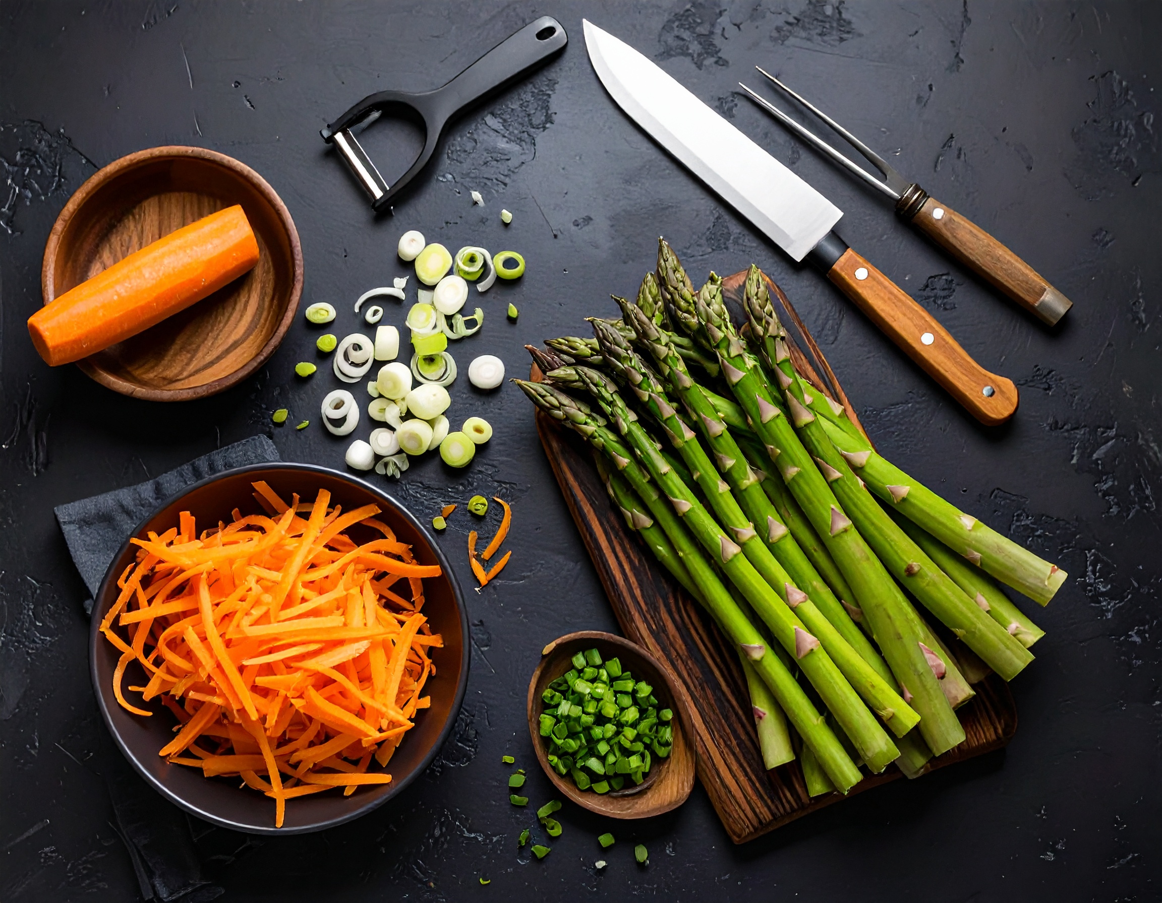 Firefly_von oben und hintergrund ein dunkleres tisch Gemüse vorbereiten_Spargelenden entfern 741313