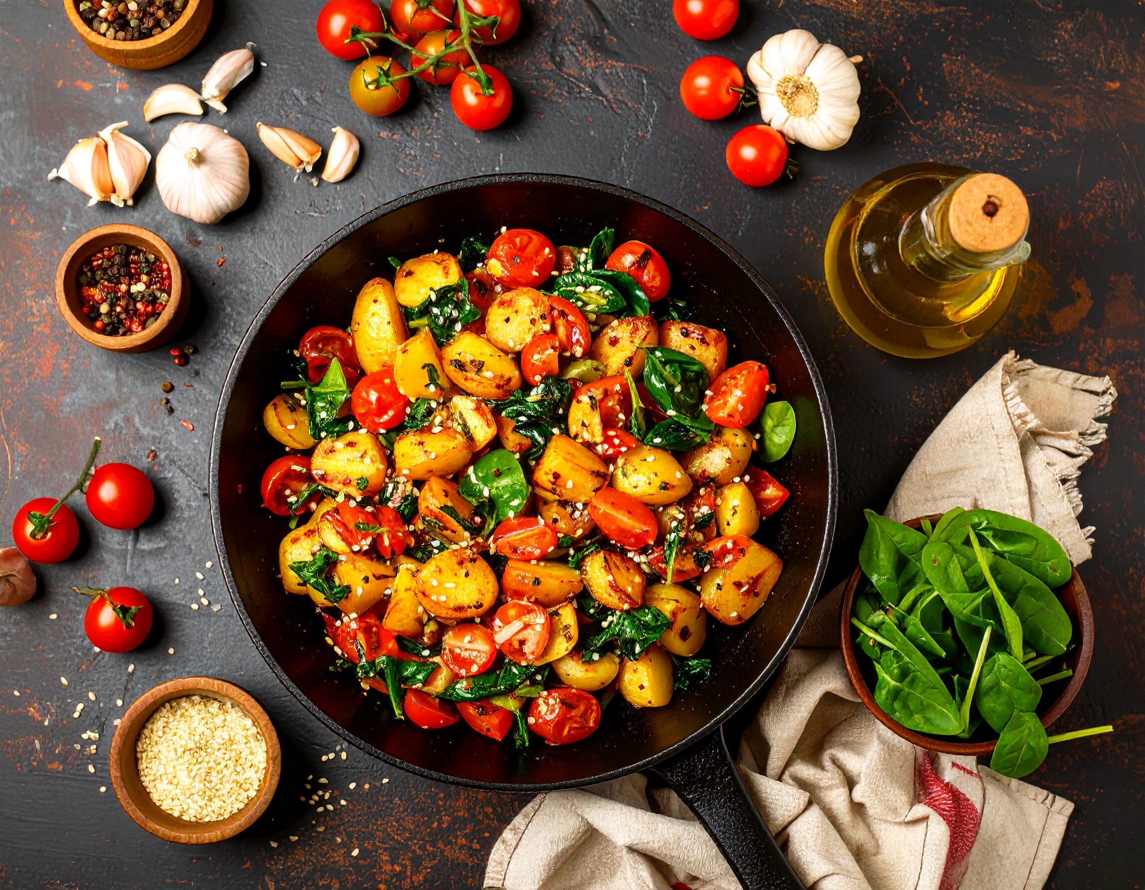 Firefly_von oben und hintergrund ein dunkleres tisch Kartoffelpfanne anbraten_Gekochte Karto 669927