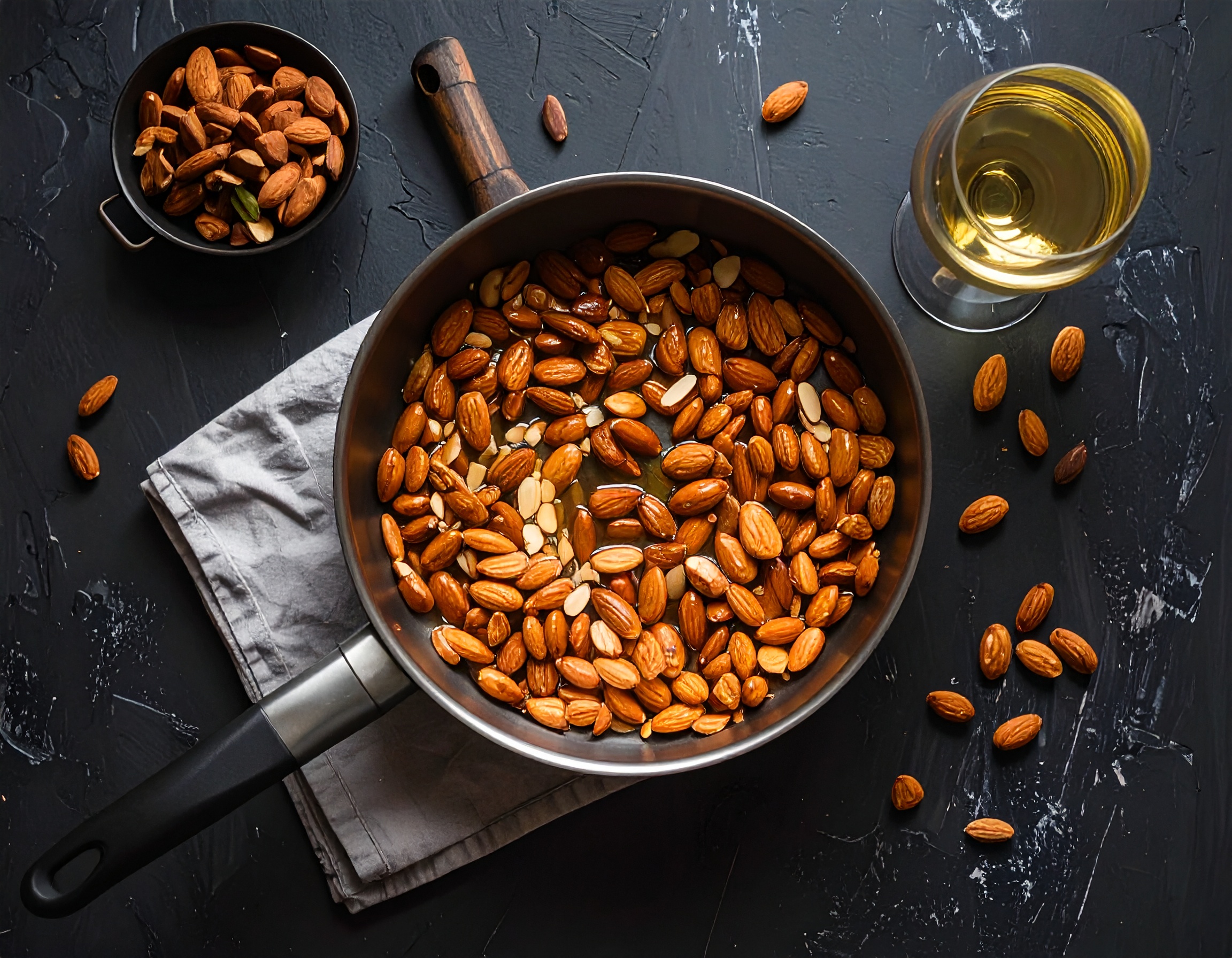 Firefly_von oben und hintergrund ein dunkleres tisch Mandeln & Wein_Mandeln zugeben, kurz mit 814450