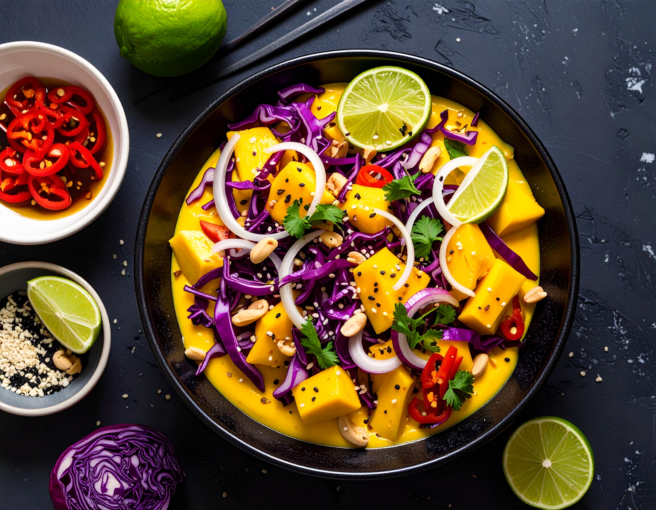 Firefly_von oben und hintergrund ein dunkleres tisch Salat anrühren_Mangopüree mit Öl, Wasser 741313